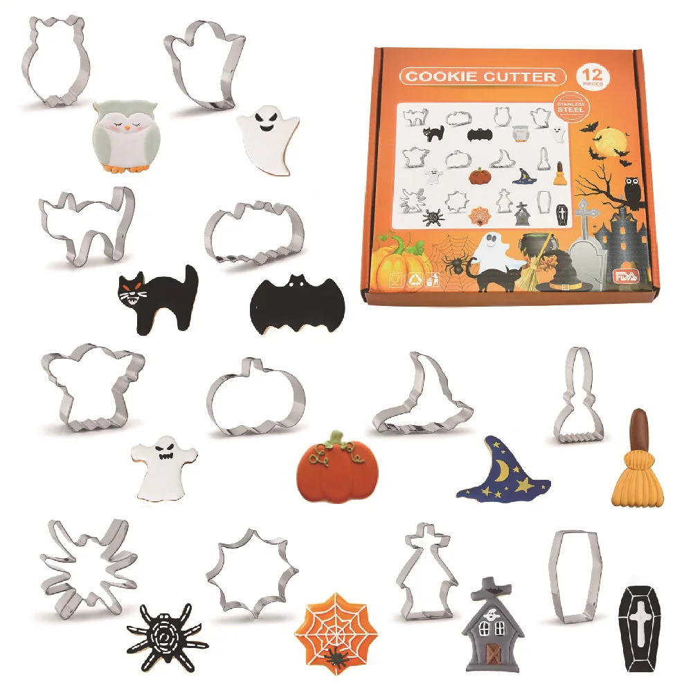 

12pcs Halloween Stainless Steel Cookie Cutter Pumpkin Bat Cookie Moulds Wizard Hat Biscuit Molds Bakery Tools and Accessories