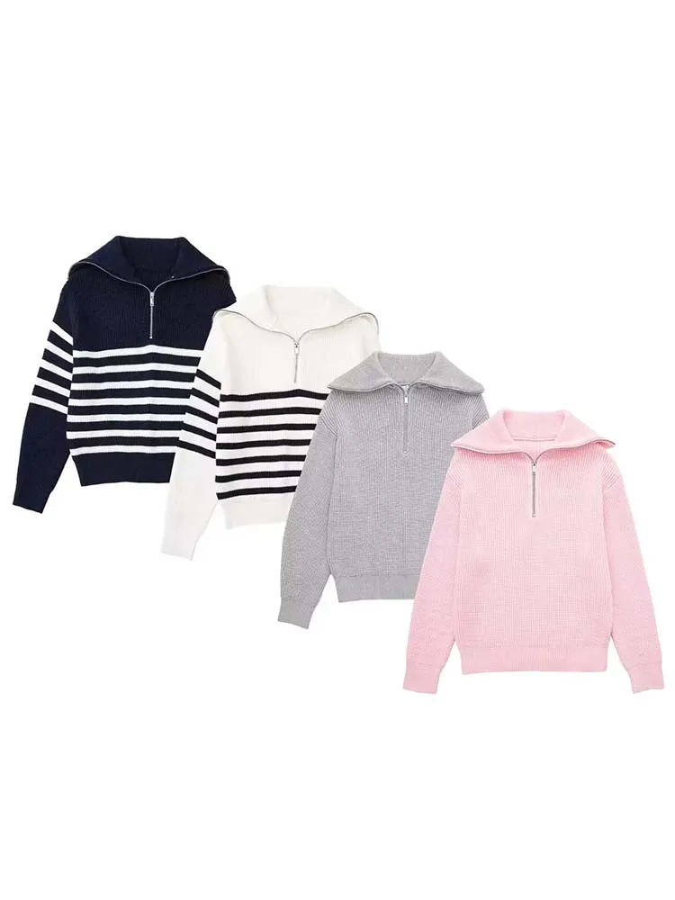 

KLKXMYT TRAF женский модный плотный теплый Свободный Полосатый Вязаный Свитер винтажные женские пуловеры на молнии с длинным рукавом шикарные т...