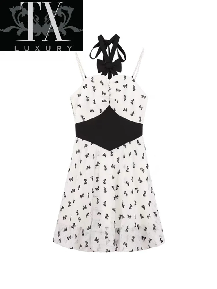 

Summer Spaghetti Strap Mini Woman Sweet Bow Print Aesthetic Dress Sexy Halter Hollow Out Patchwork A-line Vestidos Female