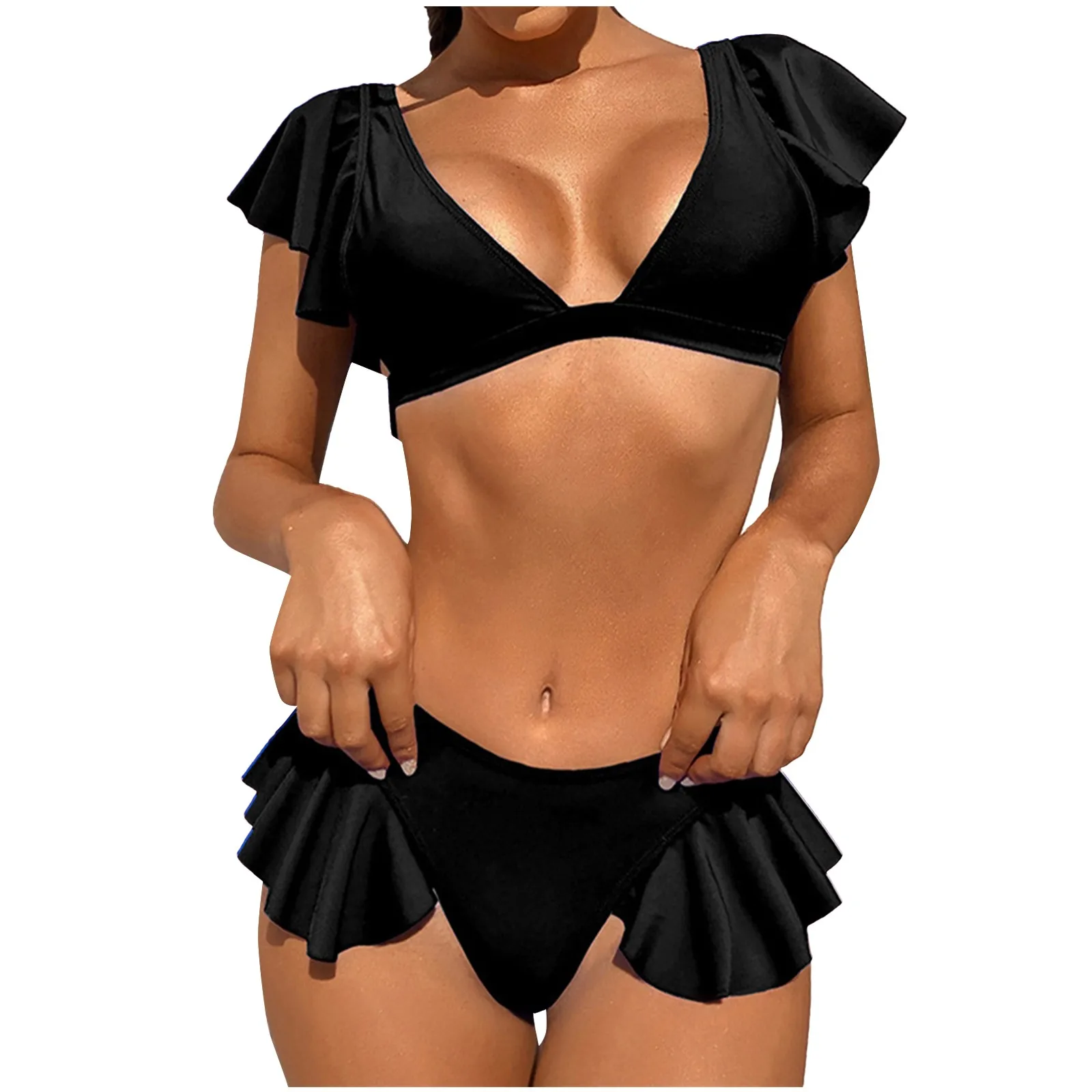 

Women Swimsuit Solid Color Two-Piece Split Bathing Suit High Waist Training Ruffle Deep V-neck Swimwear Swimwears bikini top