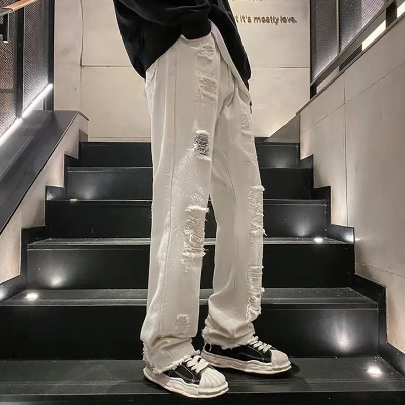 Streetwear Men 2022 New Recreational Comfortable Black Ripped Jeans Loose Temperament Versatile Micro Flare Pants Autumn Female