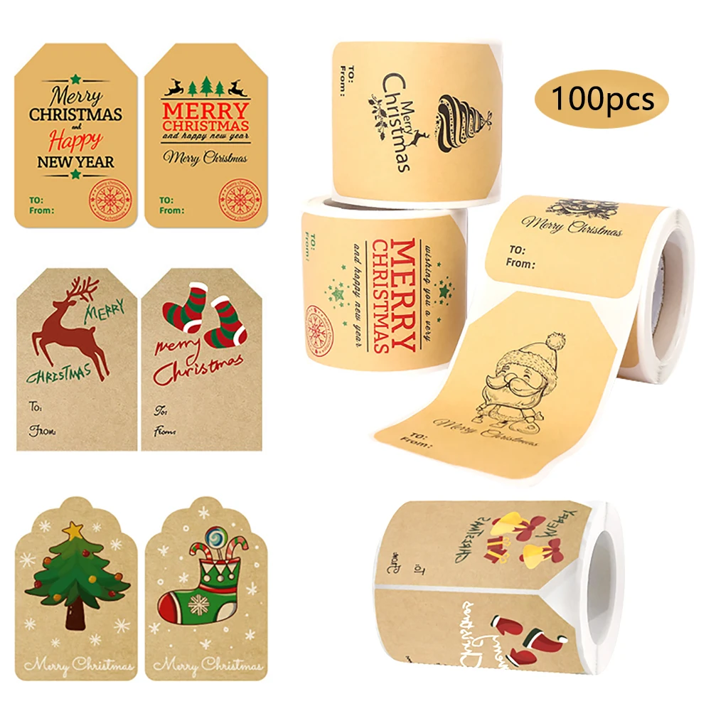 

50/100pcs Christmas Kraft Paper Stickers DIY Party Scrapbook Seal Bag Name Label Christmas Sticker For Cards Gift Box Decoration