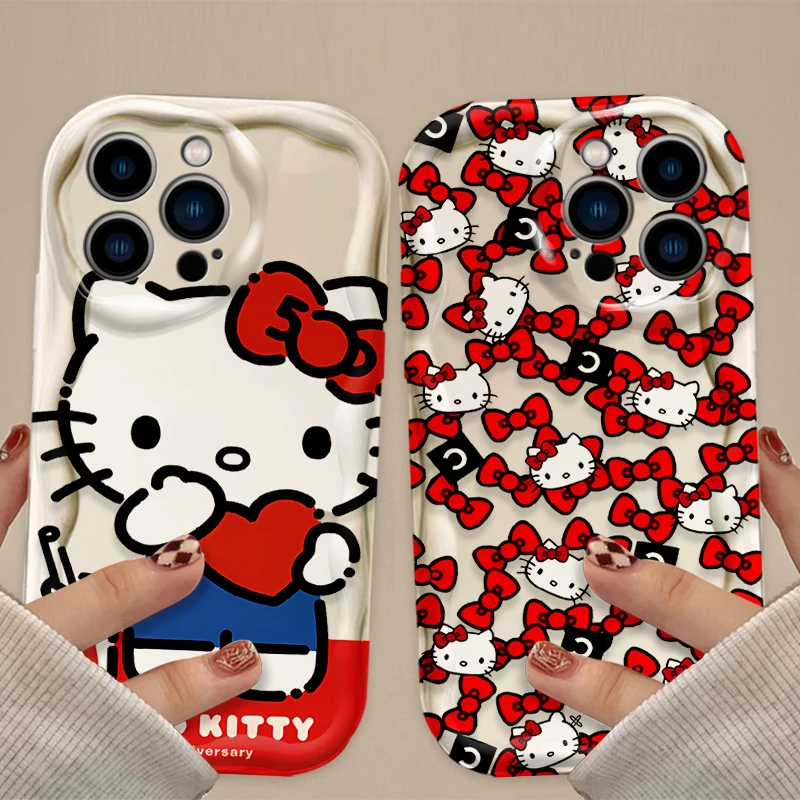 Cute Cartoon Hello Kitty 3D Wave Case For iPhone 16 15 14 13 12 11 Pro Max X XR XS 8 7 Plus SE 2020 Shockproof Silicone PC Cover
