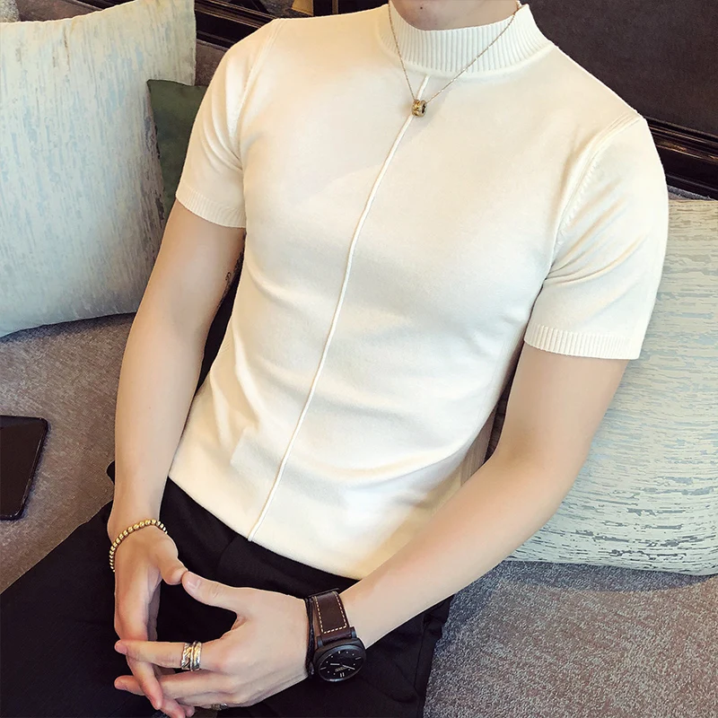 Half High Collar Men T-shirt New Spring Short Sleeve  Solid Color Sweater Pullover T Sring Short Sleevhirt Slim Knitted Tees Top