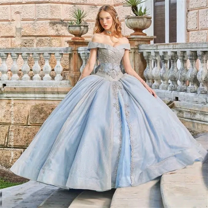 

Sky Blue Charro Quinceanera Dresses Ball Gown Off The Shoulder Sequins Appliques Crystals Puffy Mexican Sweet 16 Dresses 15 Anos