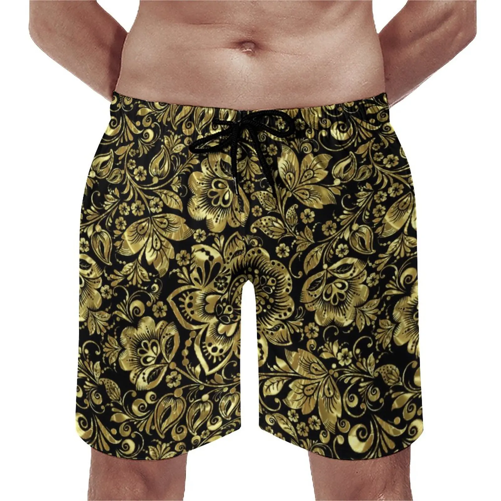 

Summer Board Shorts Shiny Gold Baroque Sports Black Floral Damasks Board Short Pants Retro Comfortable Swim Trunks Plus Size