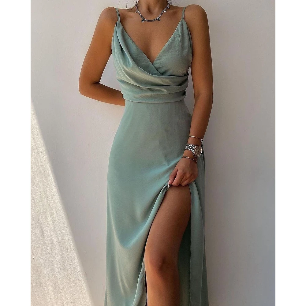 

Party Lady Ruched Split Thigh Slip Dress Summer Fashion Femme Sold Color Spaghetti Strap Dress Women V-Neck Sleeveless Maxi Dres