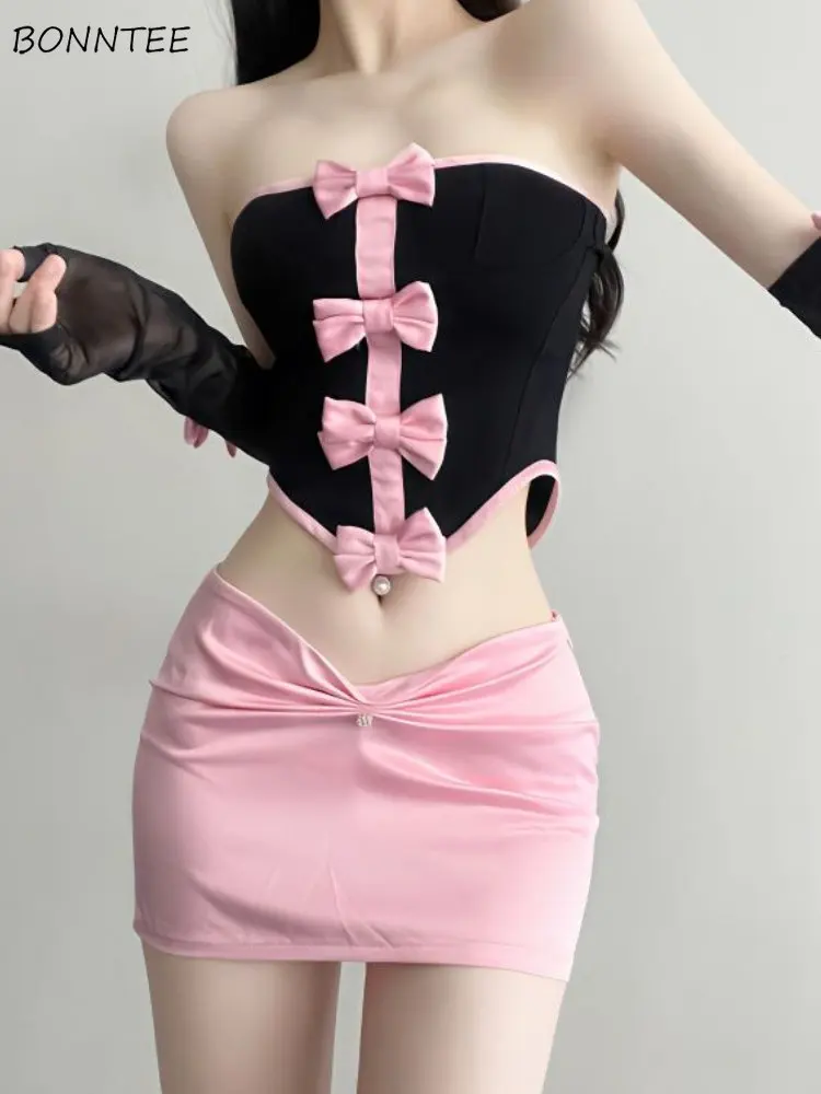 

Skirts Sets Women Bow Sexy Backless Hotsweet Korean Style Folds Creativity Summer Ladies Club Cozy All-match Simple Personality