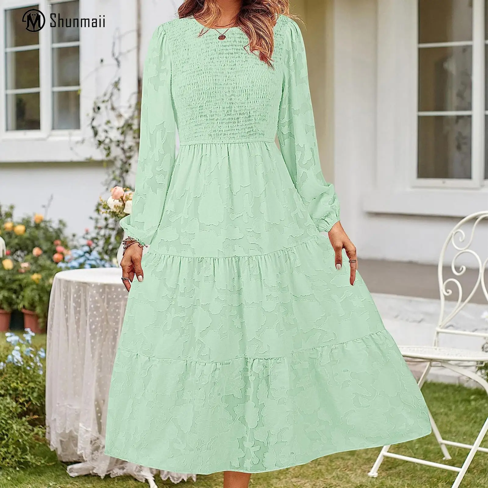 

Женское жаккардовое платье-качели, однотонное женское платье средней длины с пышными рукавами, плиссированное Повседневное платье с круглым вырезом