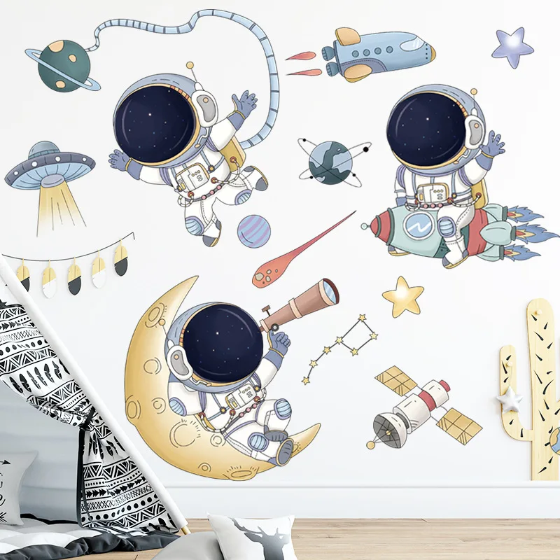 

Sticker Flat Waterproof Wall Decorations Cartoon Astronaut Spaceship Flying Saucer Painting Space Planet Kindergarten Layout