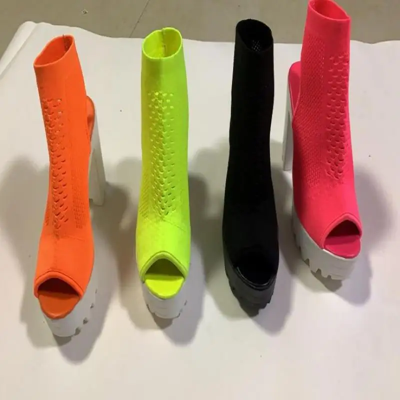 Summer Open Toe Sandals Women's 2022 New Sexy Knit Fabric Ladies Chunky Heels Dress Party Wedding Nightclub Heels 36-43 TGHDOF