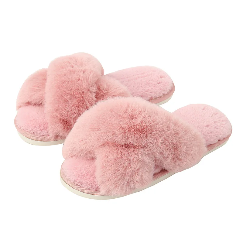

Winter Women's Pink Plush Cross Strap Cotton Indoor Warm Plus Size Slippers Female Flat Rabbit Plush Shoes