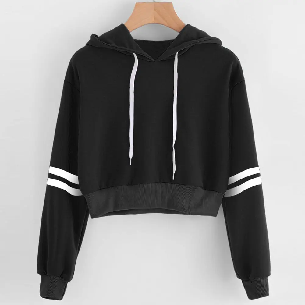 

New Streatwear Women Striped Long Sleeve Sweatshirt Short Pullover Crop Top Autumn Winter Hoodie Sweatshirts For Girls