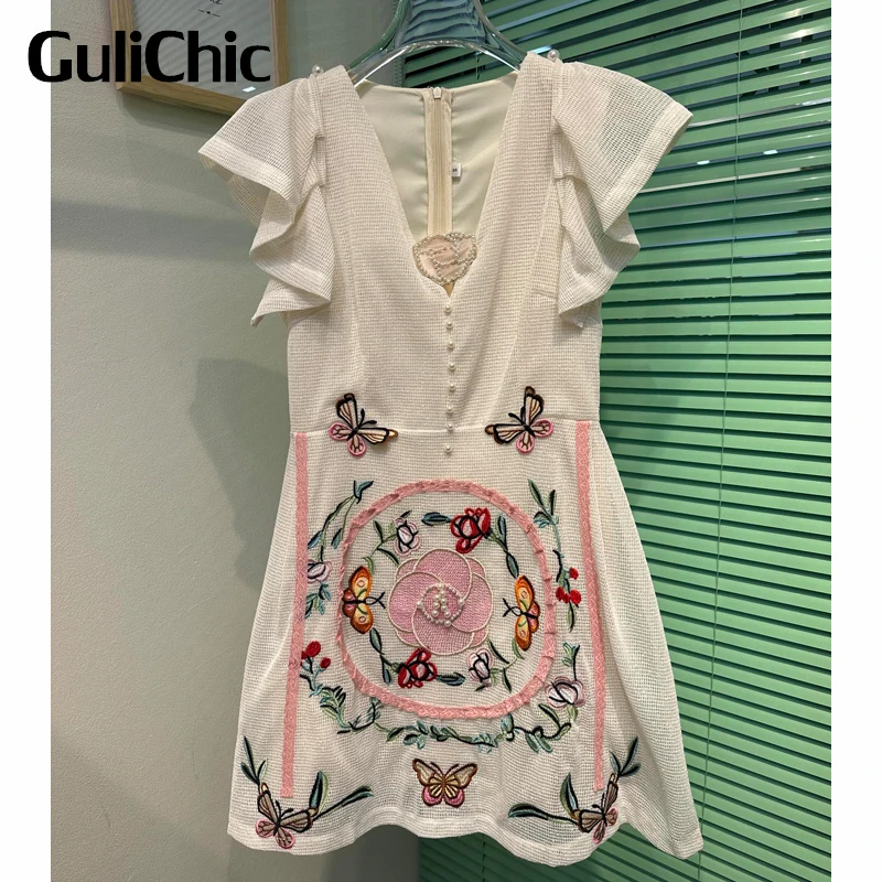 

6.24 GuliChic Women Vintage Sweet Butterfly Embroidery Floral V-Neck Ruffle Slim A-Line Dress