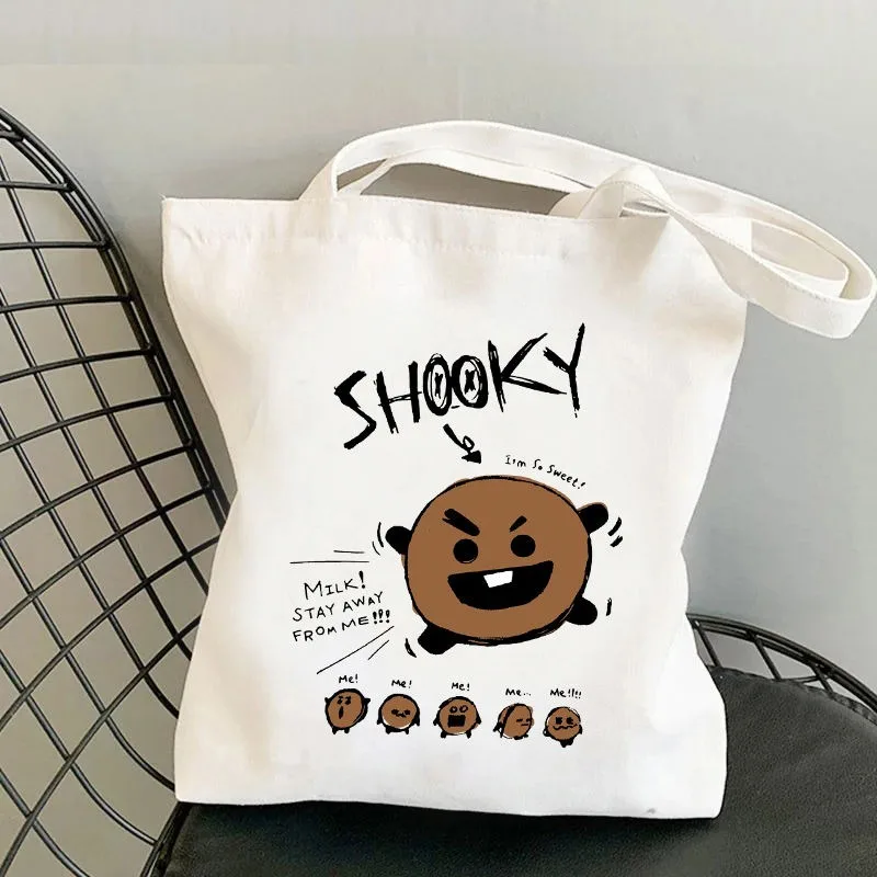 Фото Сумка-тоут в стиле аниме BT21, холщовая сумка с героями мультфильмов, многоразовая модная повседневная сумка на плечо с принтом аниме Y2K, подарок для друзей №3