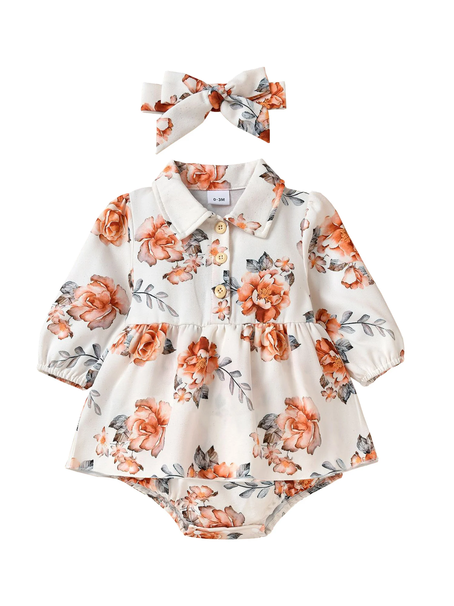 

Infant Baby Girl Fall Winter Outfit Lapel Floral Romper with Headband