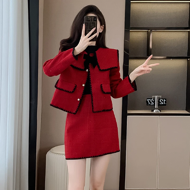 

2023 Tweed Women Two-piece Set Red Wedding New Year Christmas Sailor Collar Coat and Female Slim High Waist Mini Skirt Suit