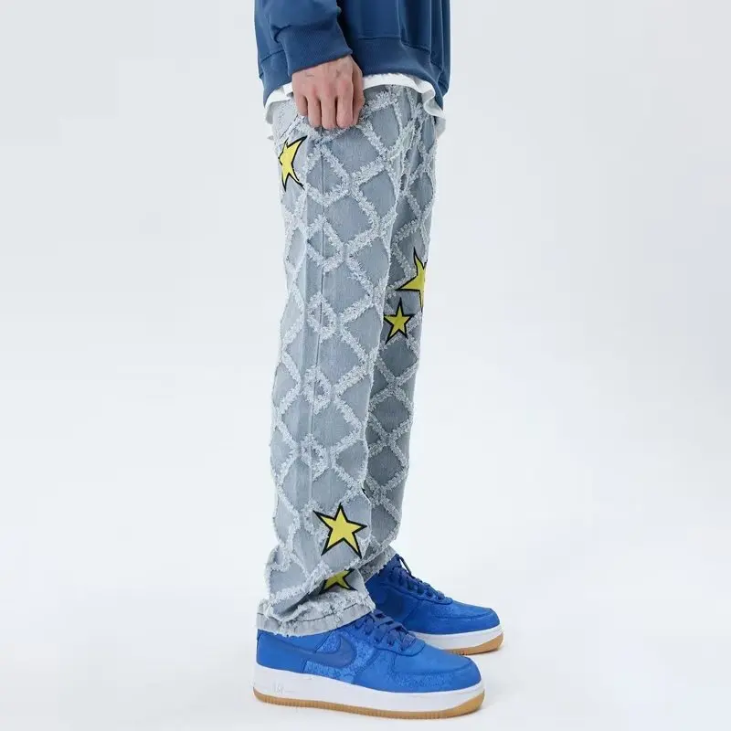 Джинсы мужские уличная мода тонкие весенне-осенние в клетку со звездами