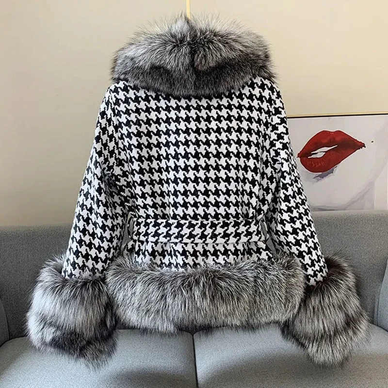 Fur Coat Female 2022 Autumn Winter New Fashion With a Thousand Bird Check Lace-up Furry Warm Silver Fox Fur Jacket Women