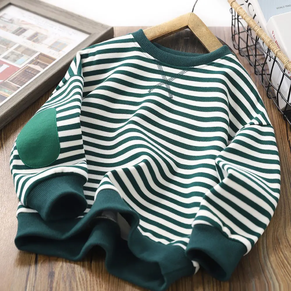 

Boys' Striped Sweater Baby Autumn Clothing round-Neck Shirt 2022 Spring and Autumn New Handsome Bottoming Shirt Fleece-Lined