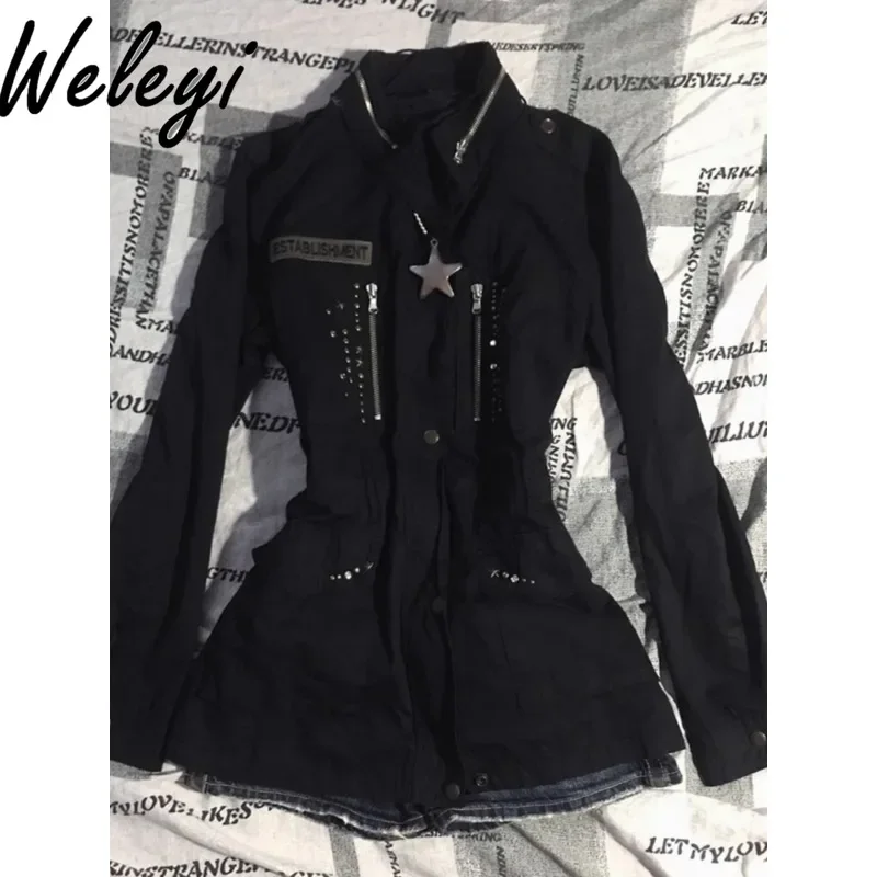 Готическая черная куртка с лацканами женская осенняя американская ретро-мода