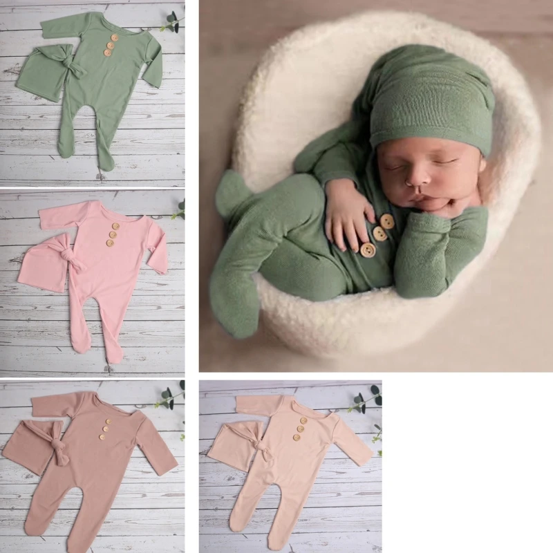 

2Pcs/Set Newborn Baby Long Romper Jumpsuit with Knotted Hat Buttons Solid Color Infant Coverall Photo Prop Outfits