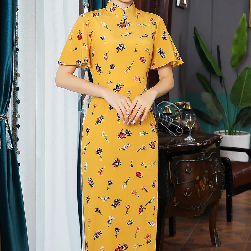 

Print Flower Chinese Qipao Orient Dress Women Vintage Mandarin Collar Banquet Evening Party Gown With Button Formal Dresses