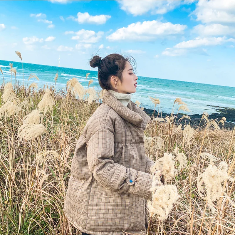 2021 New Korean Style Loose Bread Clothes Thick Winter Jackets Coats Down Cotton Overcoat Female Short Paragraph Lattice Tide