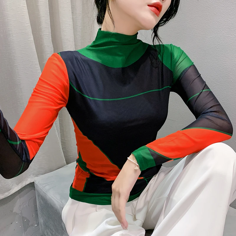 S-4XL женские осенне-зимние сетчатые футболки с высоким воротником и длинными