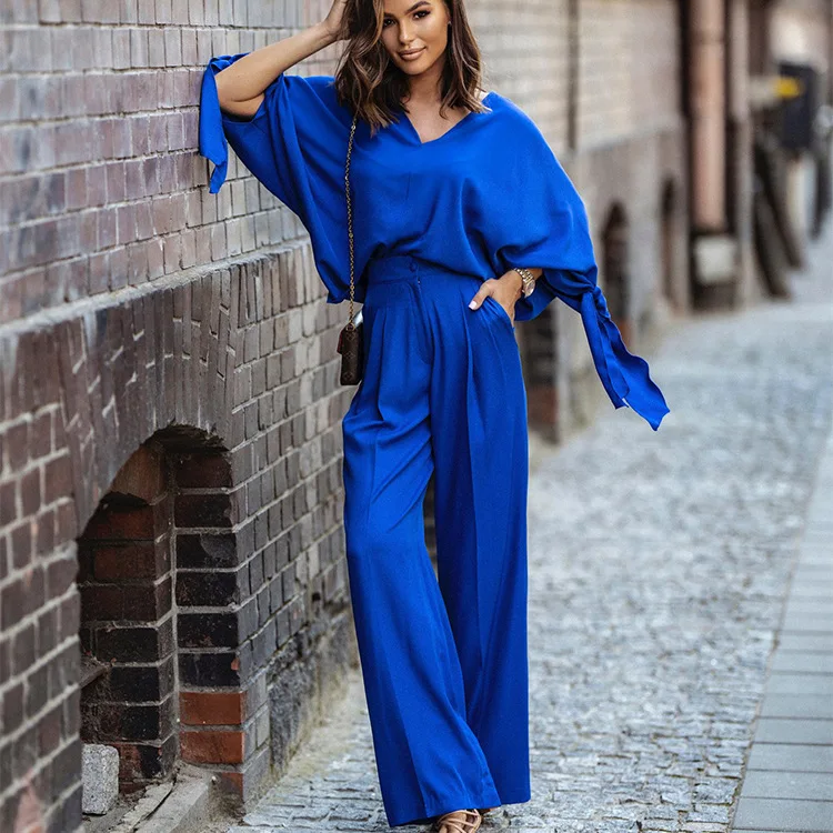 Spring and Autumn Fashion Casual Suit V-neck Long-sleeved Bat Shirt with Knotted High-waisted Wide-leg Trousers Two-piece Set