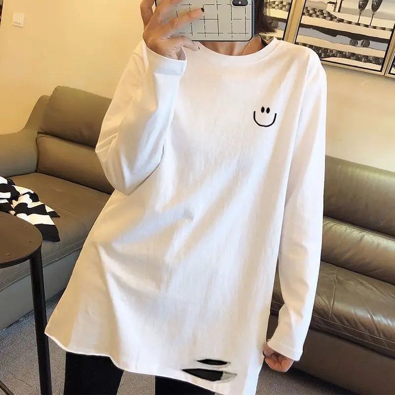 Женские футболки белая Весенняя футболка с дырками женские топы длинным рукавом