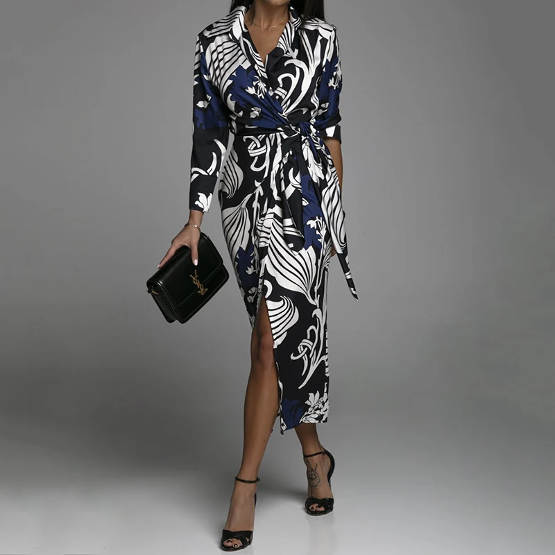 

Fashion Boho Style Print Long Sleeve Women Dress Vintage Turn Down Collar Split Lace Up Bodycon Slim Dress 2023 Female Vestidos