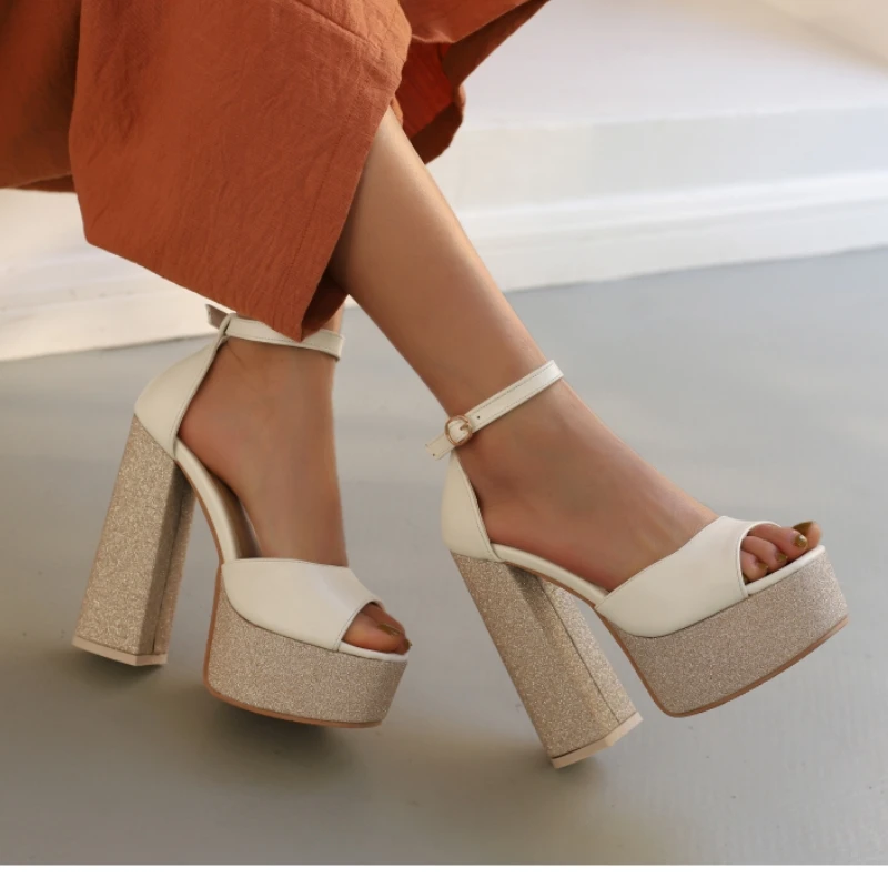 Women Sandals Concise Buckle Strap Sequined Sole Summer Shoes Platform Black White High Heels Ankle Straps Dance Shoes