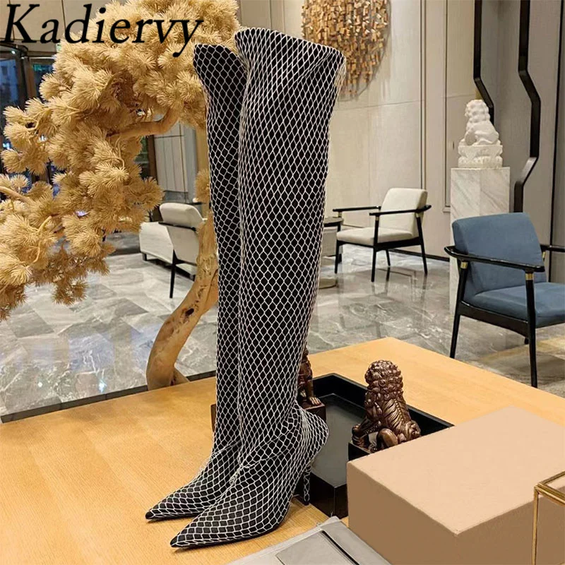 

Sexy High Heels Over The High Boots Women Pointed Toe Mesh Hollow Outs Runway Shoes Lady Stiletto Thigh High Boots Woman