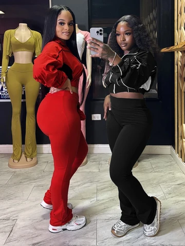 2025 Модная женская одежда контрастного цвета, спортивный костюм, укороченная куртка на молнии и брюки-клеш с высокой талией, спортивный костюм для спортзала, комплект из 2 предметов