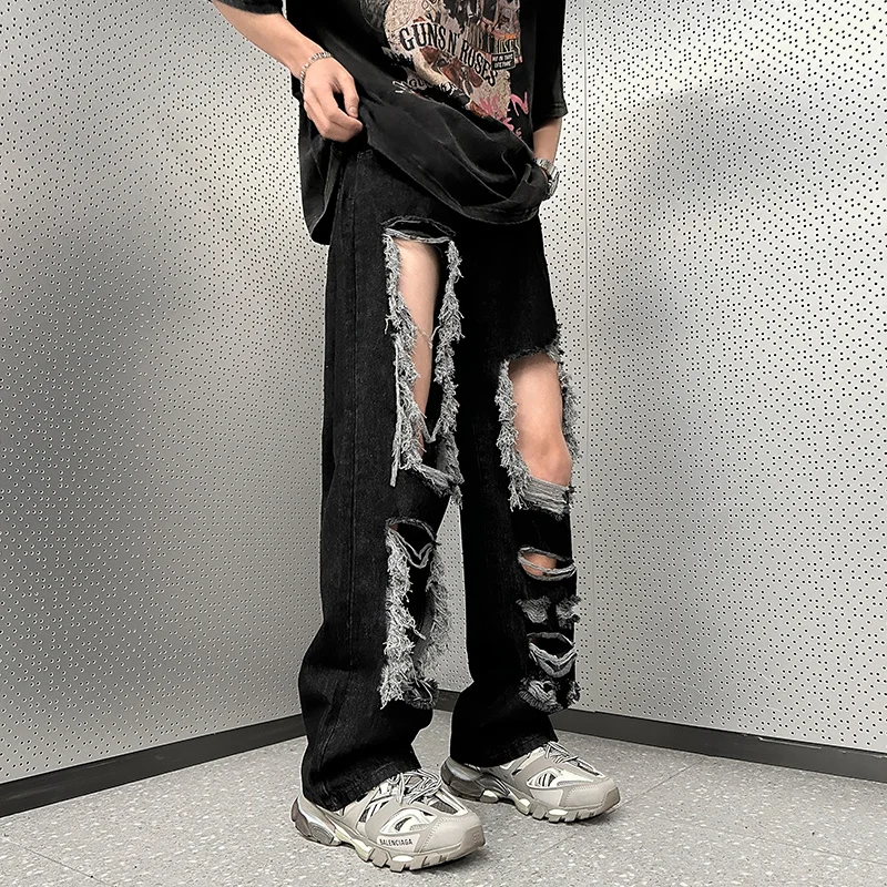 Summer Black Baggy Jeans Men Fashion Retro Straight Hole Jeans Men Streetwear Hip-hop Loose Ripped Denim Pants Mens Trousers