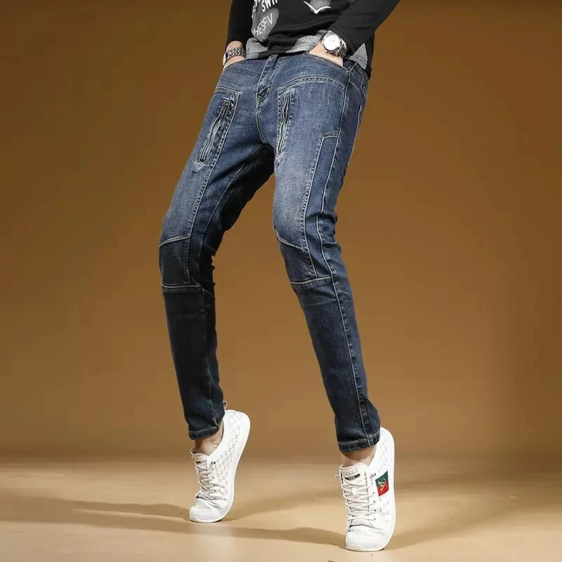 Autumn Blue Patchwork Jeans Men Streetwear Biker Slim Fit Pencil Pants Fashion Casual Zip Pockets Stretch Denim Trousers