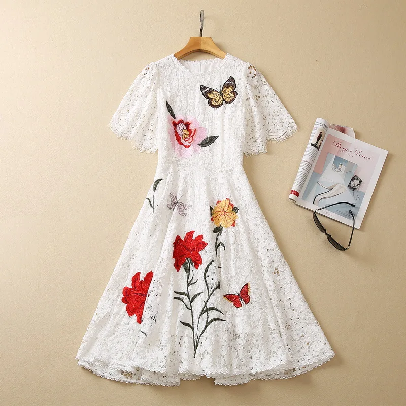 European and American women's dress 2023 summer new style Short sleeve butterfly flowers embroidered lace Fashion pleated dress