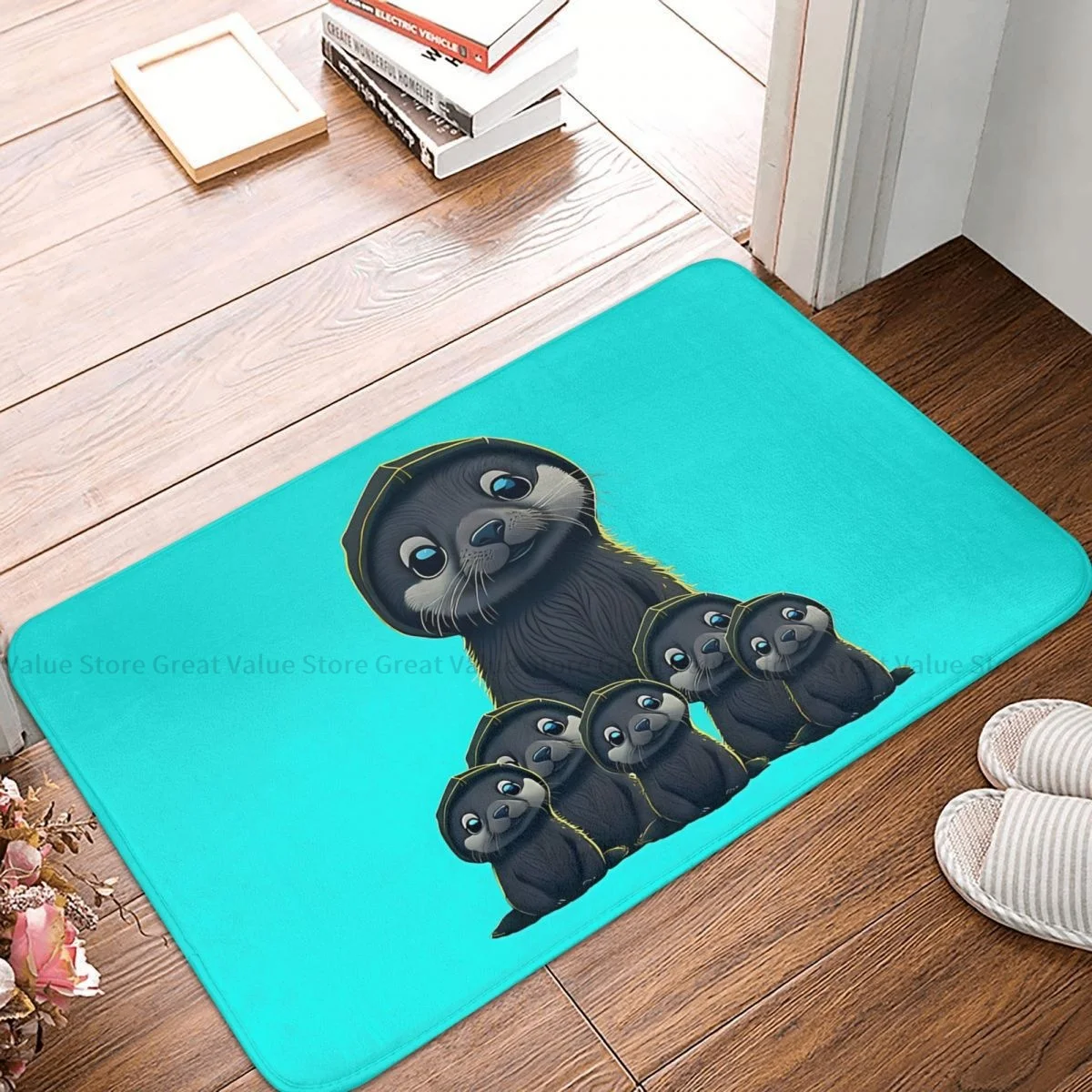 

Otters Animal Kitchen Non-Slip Carpet Cute Babies Wearing Hood Living Room Mat Welcome Doormat Floor Decor Rug