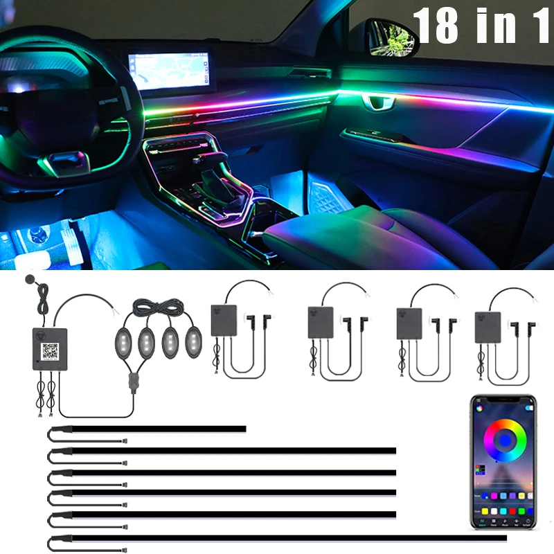 

18 In 1 Universal Acrylic Neon LED Streamer Car Ambient Lights RGB 64 Color Interior Hidden APP Strip Symphony Atmosphere Lamp