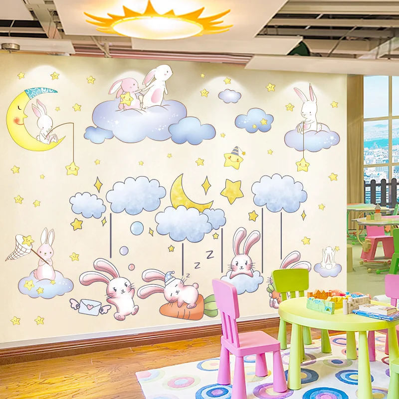 

Rabbits Animals Wall Stickers DIY Creative Clouds Stars Bunny Wall Decals for Kids Bedroom Baby Room Nursery Home Decoration