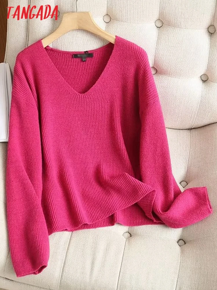 

Tangada Women 2022 Winter Elegant High Quality Woolen Knitted Sweater Jumper V Neck Female Oversize Pullovers 6D85
