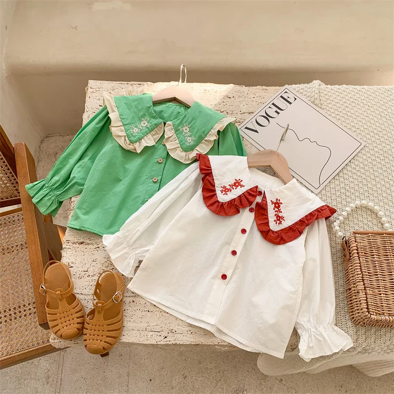 

Рубашка с вышивкой 1205C в Корейском стиле для девочек, весна 2022, милая Одежда для девочек, рубашка с вышитыми деревянными ушками и воротником ...