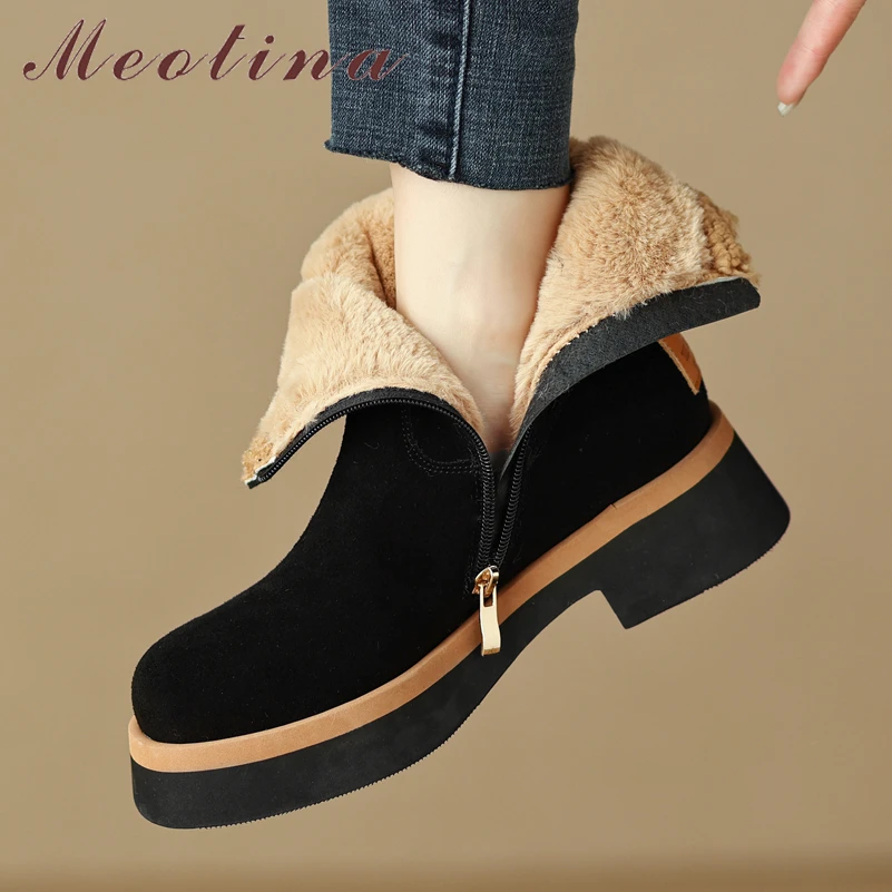 

Meotina Women Genuine Leather Ankle Snow Boots Round Toe Platform Thick Mid Heel Zipper Ladies Fashion Short Boot Winter Shoes