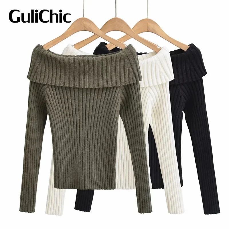 

10.13 GuliChic Women Fashion Sexy Slash Neck Long Sleeve Sweater Solid Color Article Pit Slim Pullover Knitwear