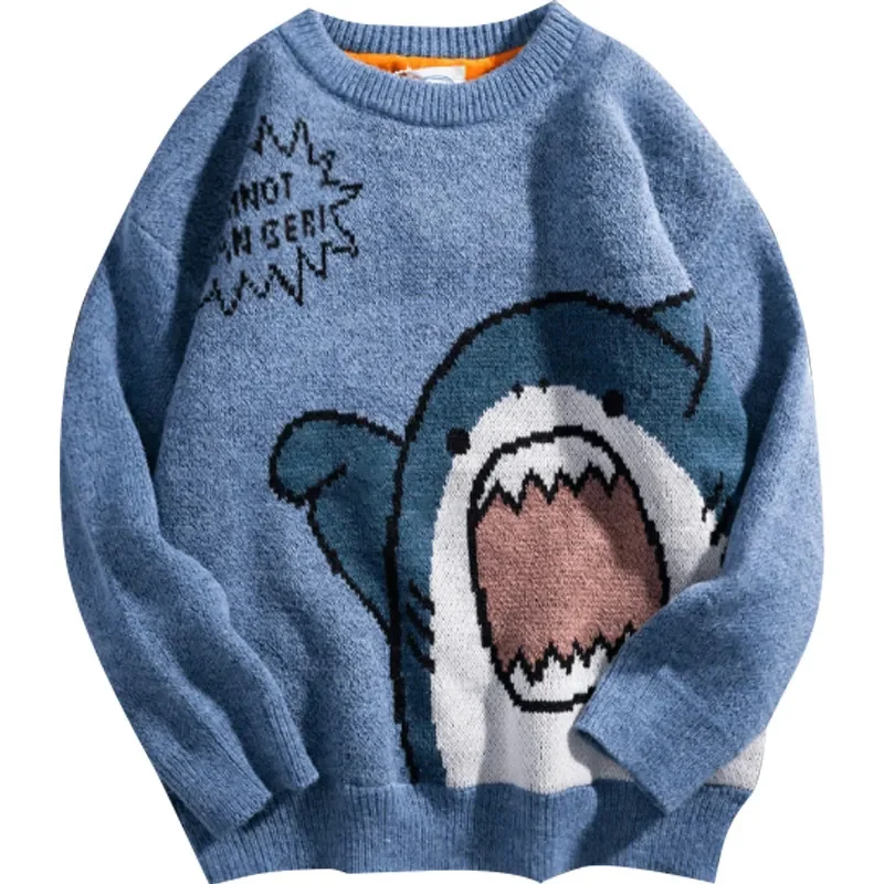

Shark Sweater Men's Winter Cartoon Harajuku Korea Y2k Ultra Wide Turtle Neck Hip Hop Loose Knit Jumper Drawn High Neck Sweater