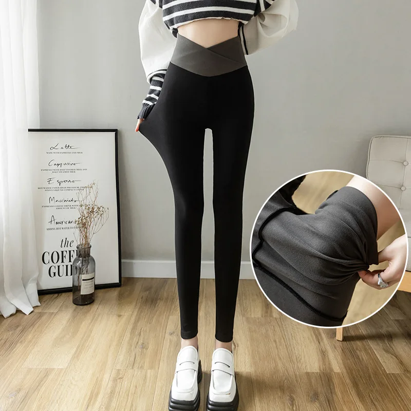 Autumn Winter Leggings Women 2022 New Thin/Thick Velvet Warm Pants Cross High Waist Splicing Women Legging Pantalon Leggins