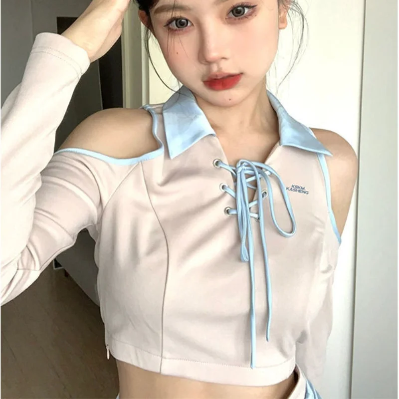 

Thikigawa Chic Fashion Women Lace-Up Y2k Cropped Long Sleeve Shirts Summer Streetwear Halter Off Shoulder Sexy Tank Top Mujer