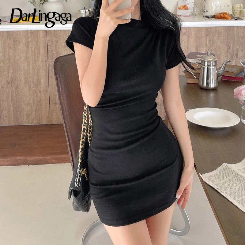 

Darlingaga Casual Stand Collar Folds Bodycon Summer Dress Female Draped Korean Fashion Mini Dresses Slim Basic Skinny Sundress