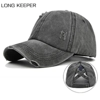 men women vintage washed cotton baseball cap sunscreen distressed ripped criss cross high ponytail adjustable snapback hat